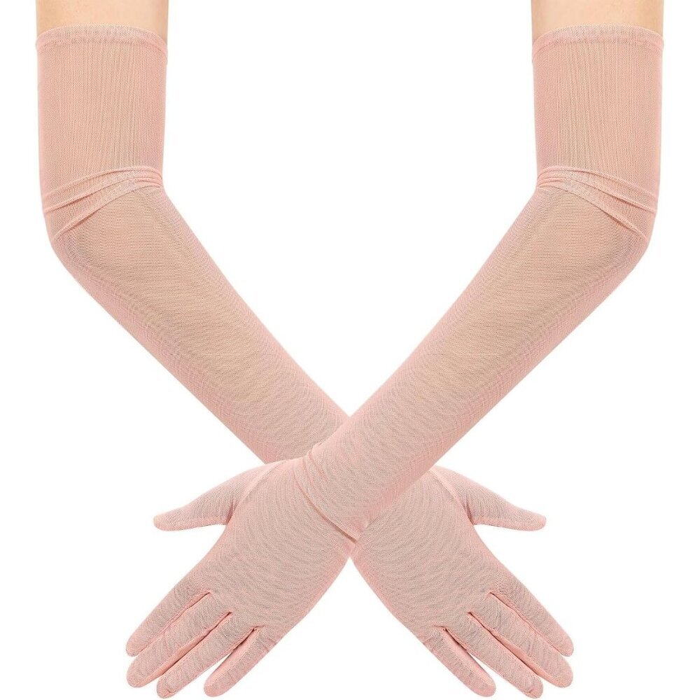 Women's Tulle Mesh Blush Long Stretchy Gloves Halloween Party Wedding Costume